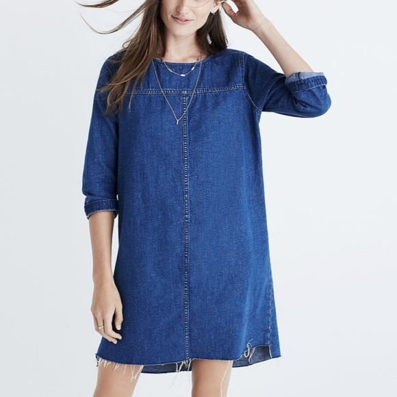 Madewell Dresses & Skirts - Madewell Denim Step Hem Dress Denim Shift Dress 3/4 Sleeve Raw Hem Womens XXS